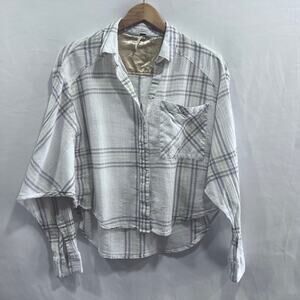 Free People Women’s Long Sleeve Oversized Boho Wide Arm Cream Plaid Top Size S